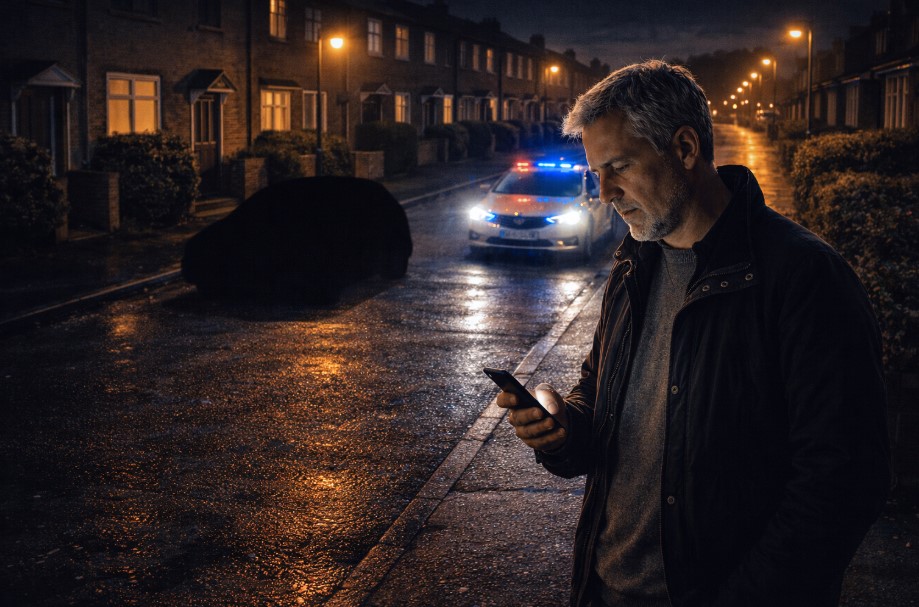 Middle-aged man standing on a wet residential street at night, looking at his phone near the dark silhouette of a missing car by the curb, while a police car approaches with flashing lights in the background.