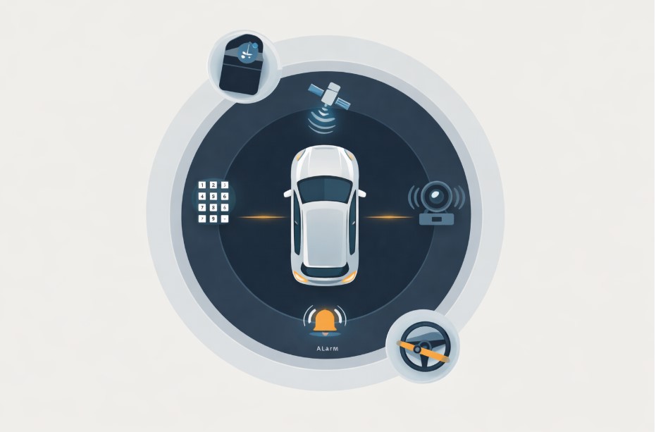 Top-down diagram showing two layers of car security, the inner core layer of ghost immobiliser, tracker, alarm and dashcam, surrounded by the outer supporting layer of Faraday pouch and steering wheel lock