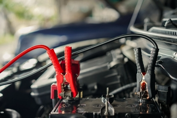 Car battery with the red and black cables connected