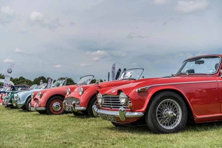 Many red classic car on a field in a row