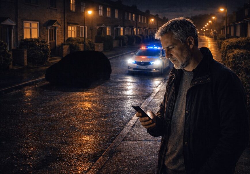Middle-aged man standing on a wet residential street at night, looking at his phone near the dark silhouette of a missing car by the curb, while a police car approaches with flashing lights in the background.