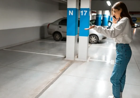 A girl on her phone in a underground parking lot looking for her car