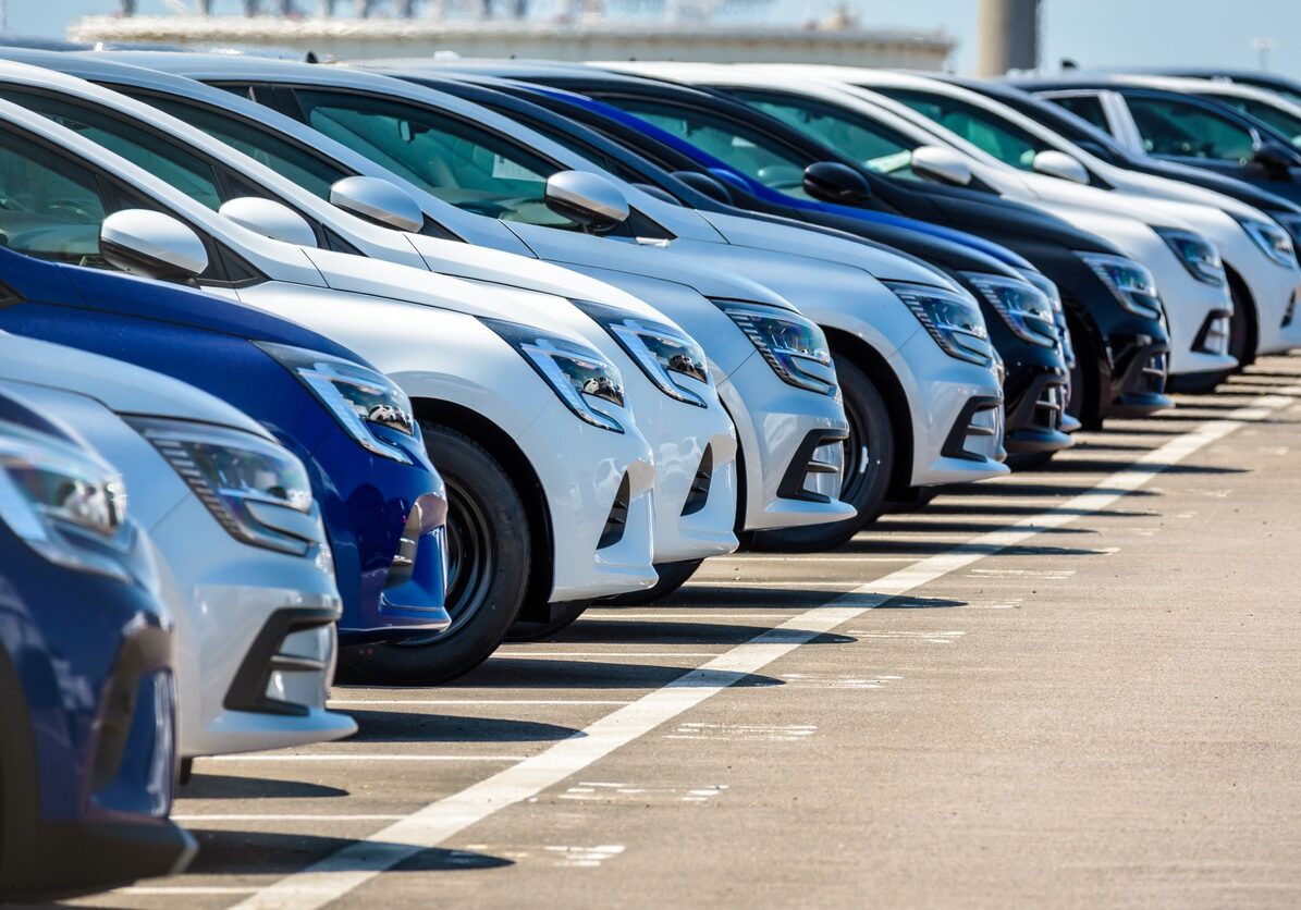 Le Havre, France - June 16, 2021: Brand new Renault cars are lined up in the parking lot of the roll-on/roll-off (ro-ro) terminal of Le Havre port.