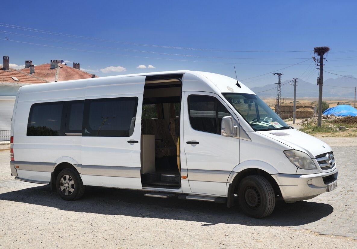 Cappadocia, Turkey 12.07.2021:White passenger Mercedes-Benz Sprinter in Turkey. This model is the most popular minibus in Europe